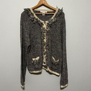 Nicole Alexander Knit Cardigan Sweater Fringe Embellished Button Front XL